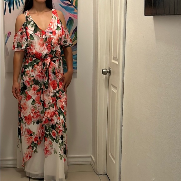 Calvin Klein Pink Floral Cold Shoulder Maxi Dress - Picture 1 of 2